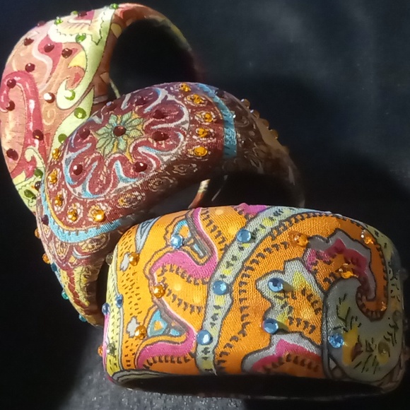 Silk covered with rhinestone bracelets colorful boho 2.5 across 1.5 in. wide. - Picture 4 of 7